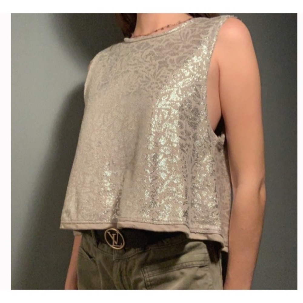 Free People Metallic Floral Print Cropped Tank Top Silver Size Small Boho.